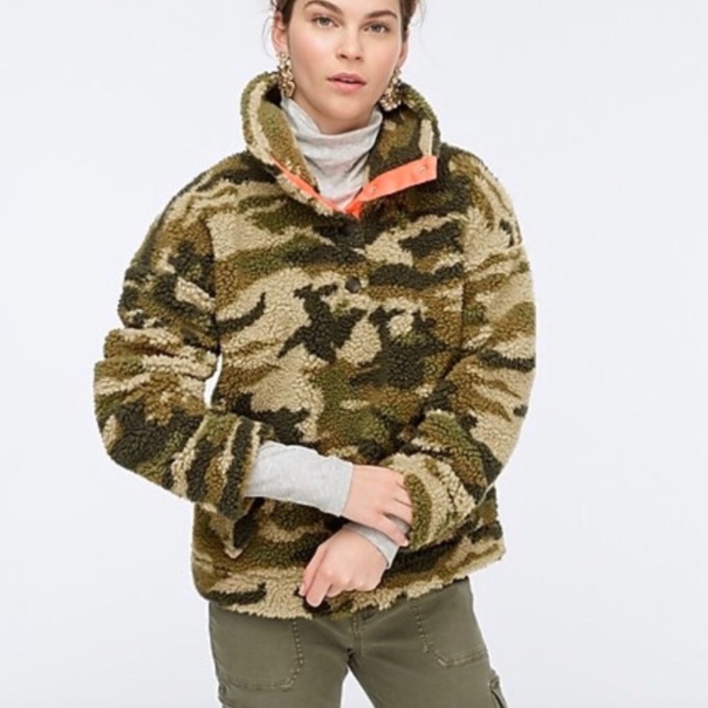 J.Crew Snap Collar Sherpa Fleece Camo Pullover Sz Med